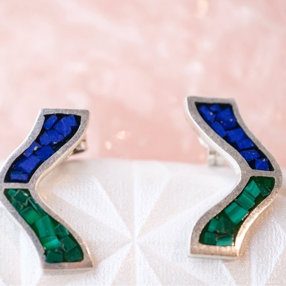 Handmade Jewelry - .925 Sterling Silver Lapis and Malachite earrings